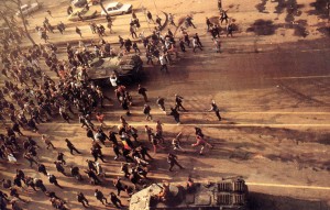 Revolutionaries on the streets during the Romanian Revolution of 1989