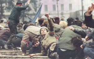 Revolutionaries on the streets during the Romanian Revolution of 1989.